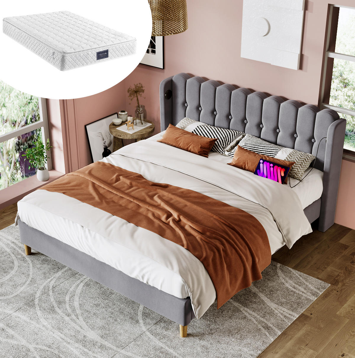 POLSTERBETT 140/200 cm mit USB- und USB-C-Anschluss, Lattenrost und Matratze, Leinenbezug, Grau - Grau, Textil (140/200cm) - Redom