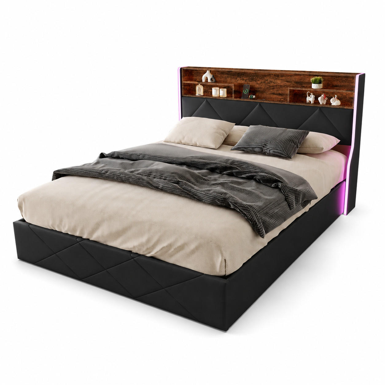 POLSTERBETT 140/200 cm Stauraumbett mit Bettkasten LED USB und Lattenrost - Grau, Holz/Textil (140/200cm) - PARAFTA HOME
