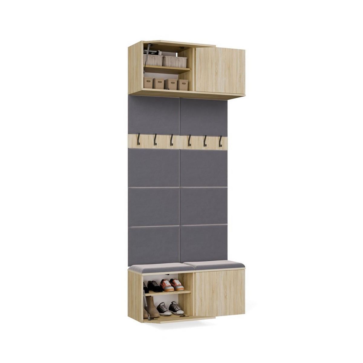 GARDEROBĂ – cuier de hol cu bancă, cârlige și dulapuri superioare, stejar Sonoma 100/238/35 - stejar Sonoma/gri, compozit lemnos (100/238/35cm) - RAUMHIRSCH FURNITURE