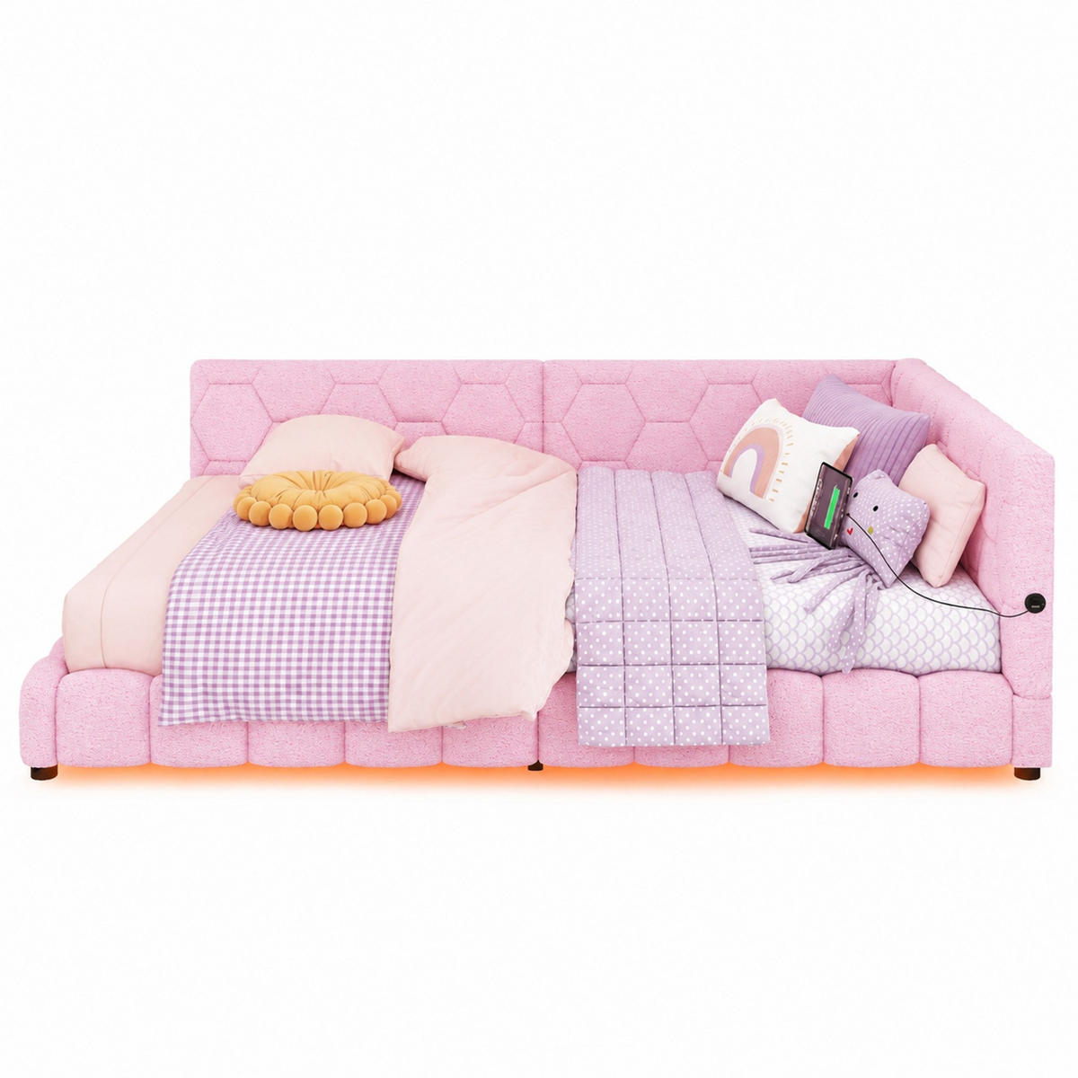 TAGESBETT 140/200 cm in Pink mit LED und USB-Anschluss, ohne Matratze - Pink, Textil (140/200cm) - MIVRAY