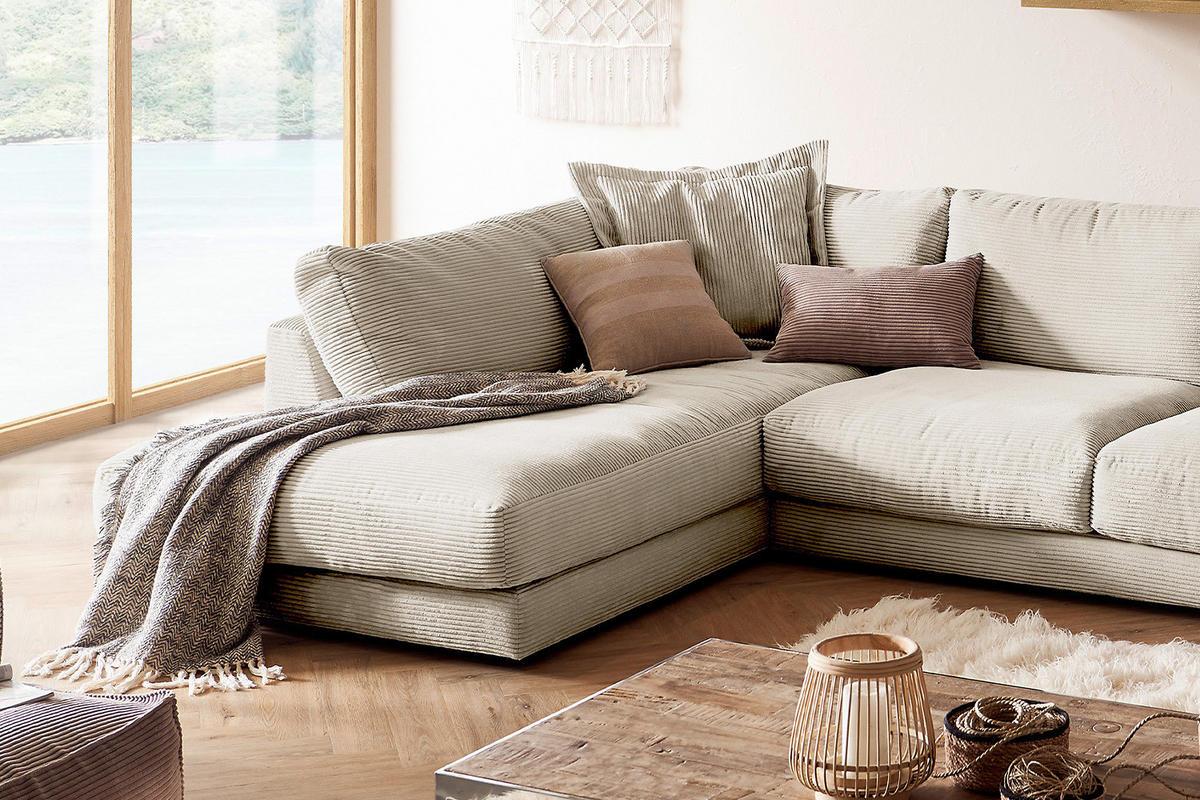 WOHNLANDSCHAFT MADELINE Cremeweiß Cord - Creme/Schwarz, Kunststoff/Textil (425/86/224cm) - KAWOLA