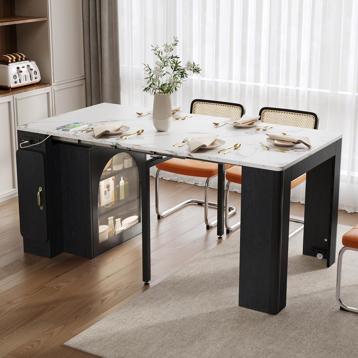 KÜCHENINSEL aus MDF und Glas 83x40x77 cm Weiß/Schwarz ausziehbar mit Rollen, LED und USB/Type-C - Schwarz, Holzwerkstoff (83/77/39.6cm) - Modfu