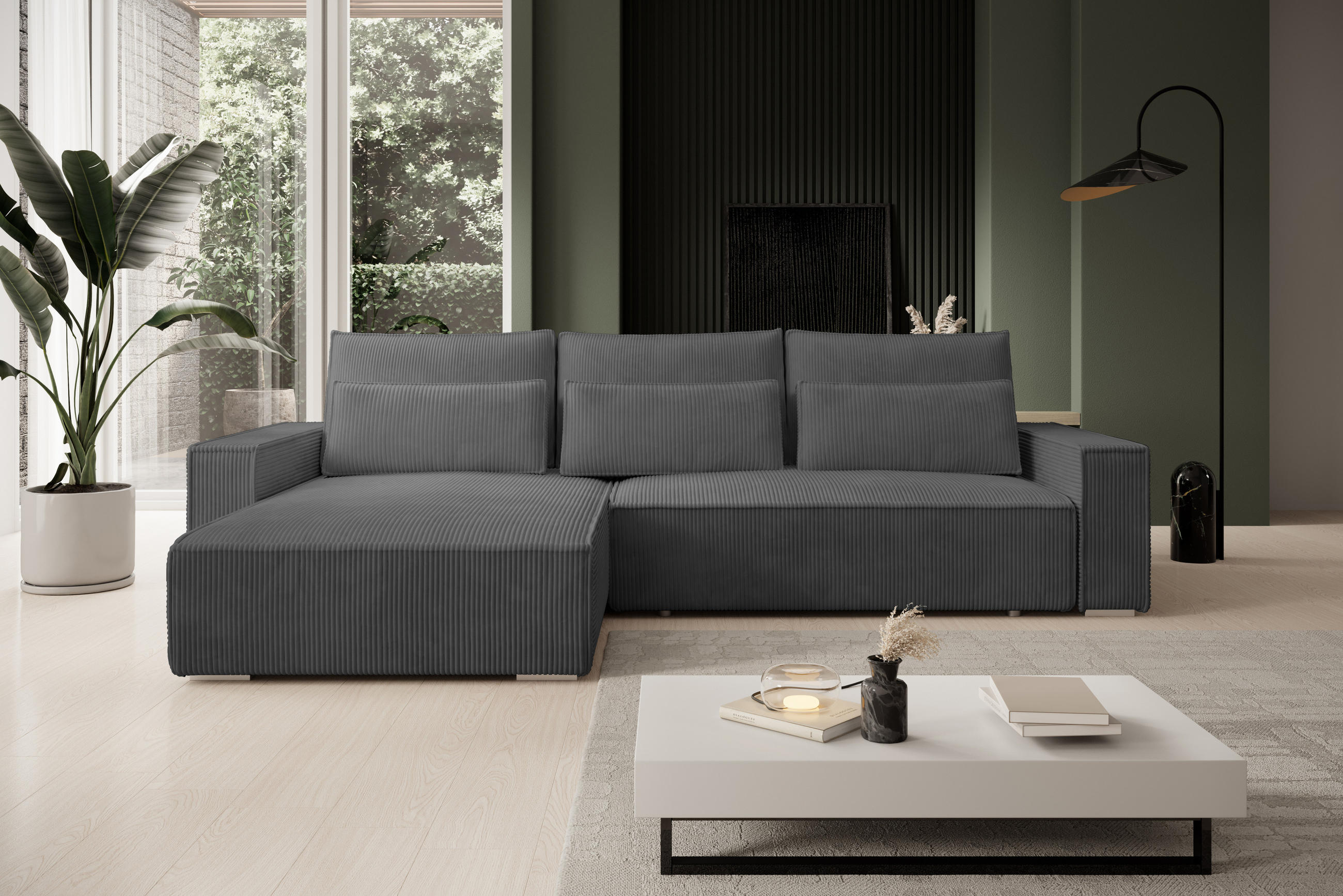 ECKSOFA Alice mit Bettkasten und Schlaffunktion, Cordstoff in L-Form - Dunkelgrau, Textil (289/184cm)