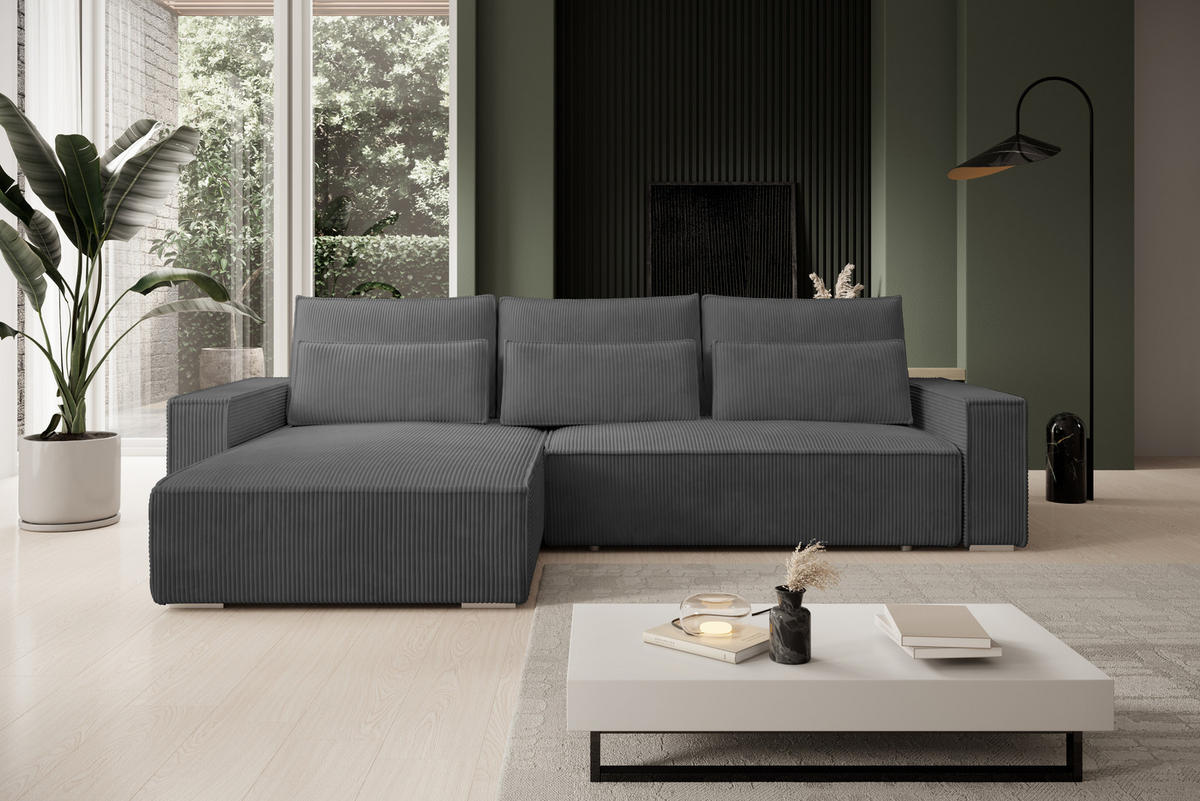 ECKSOFA Alice mit Bettkasten und Schlaffunktion, Cordstoff in L-Form - Dunkelgrau, Textil (289/184cm)