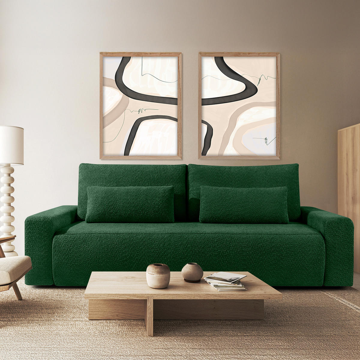 3-SITZER SCHLAFSOFA MOLLIS, Bouclé, Dunkelgrün - Dunkelgrün, Holz/Holzwerkstoff (250/93/108cm) - KONSIMO®