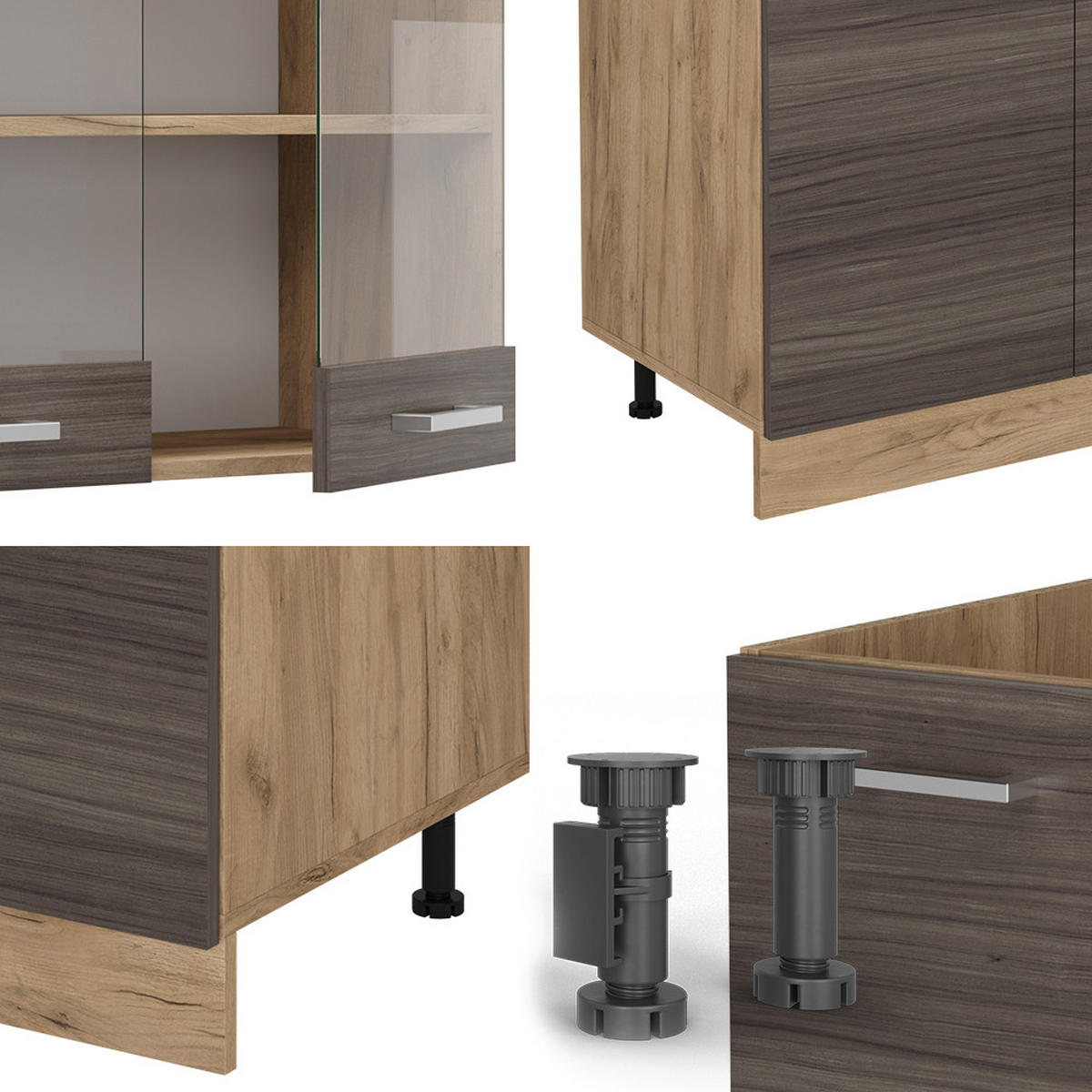 KÜCHENZEILE R-Line Edelgrau/Goldkraft Eiche 300 cm mit Hochschrank, ohne Arbeitsplatte - Honigeiche/Braun, Holzwerkstoff (300/81.6/46cm) - Vicco