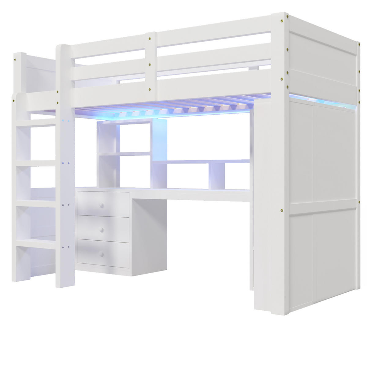 HOCHBETT aus Kiefer 90x200 cm Weiß mit LED-Beleuchtung, Schreibtisch, Kleiderschrank und Schubladen - Weiß, Holzwerkstoff (90/200cm) - Modfu