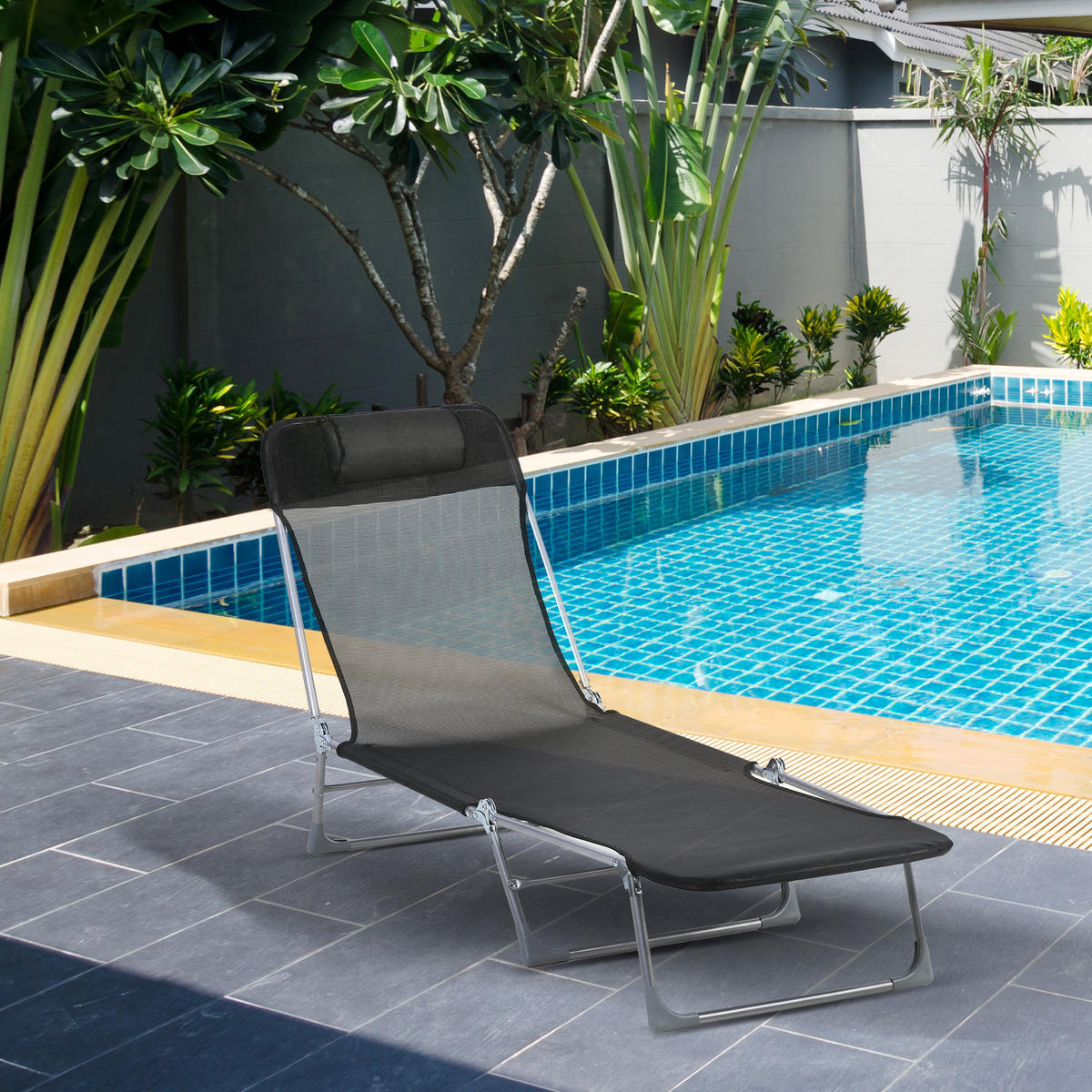 SONNENLIEGE Klappbare Gartenliege mit verstellbarer Rückenlehne und Kissen 182 x 56 x 28 cm ,Schwarz - Schwarz, Metall (56/28/182cm) - Vallsero