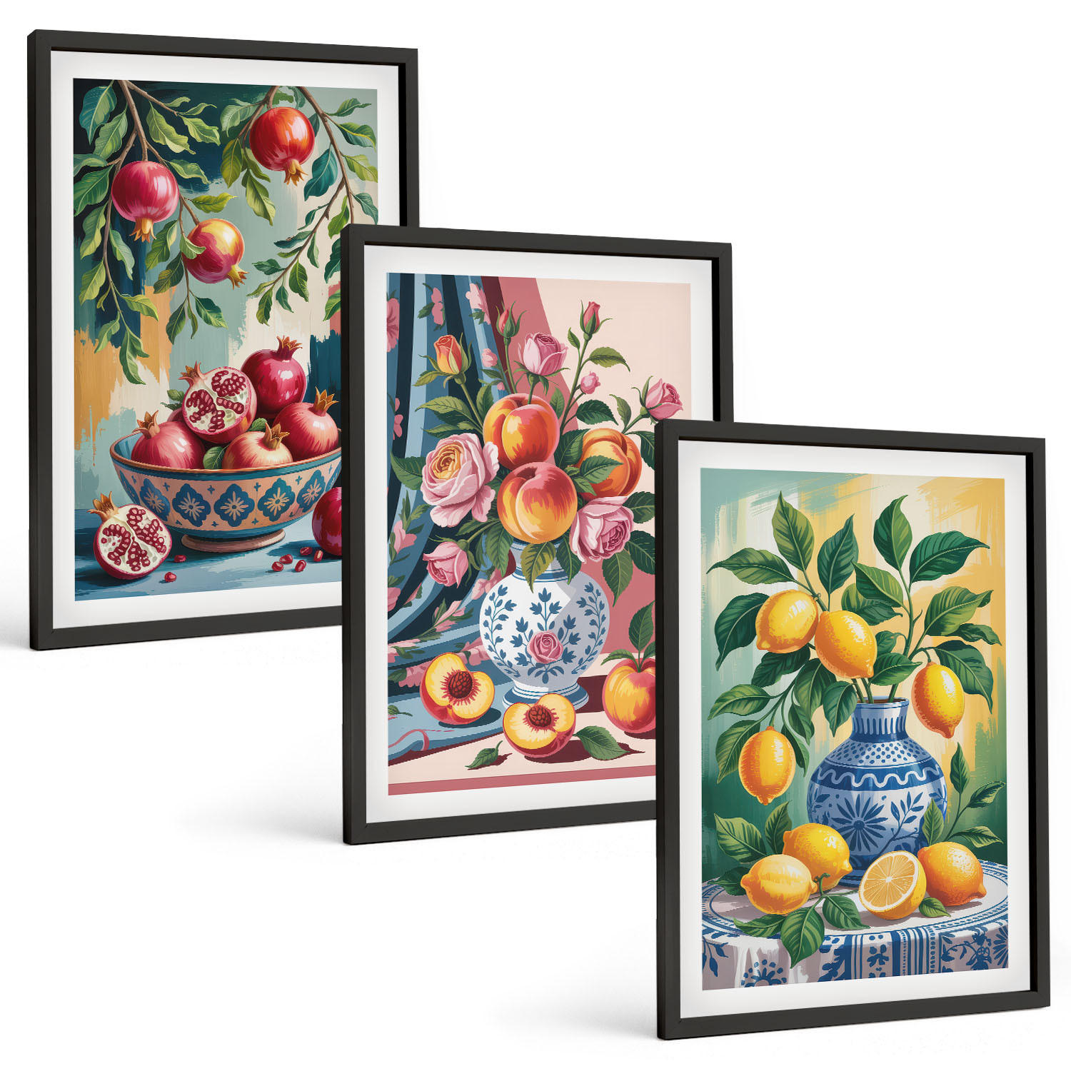 BILDER SET 3er Set - 40x60 cm Schwarzer Rahmen - Blumen und Früchte in Vasen - Schwarz, Kunststoff (40/60cm) - TULUP