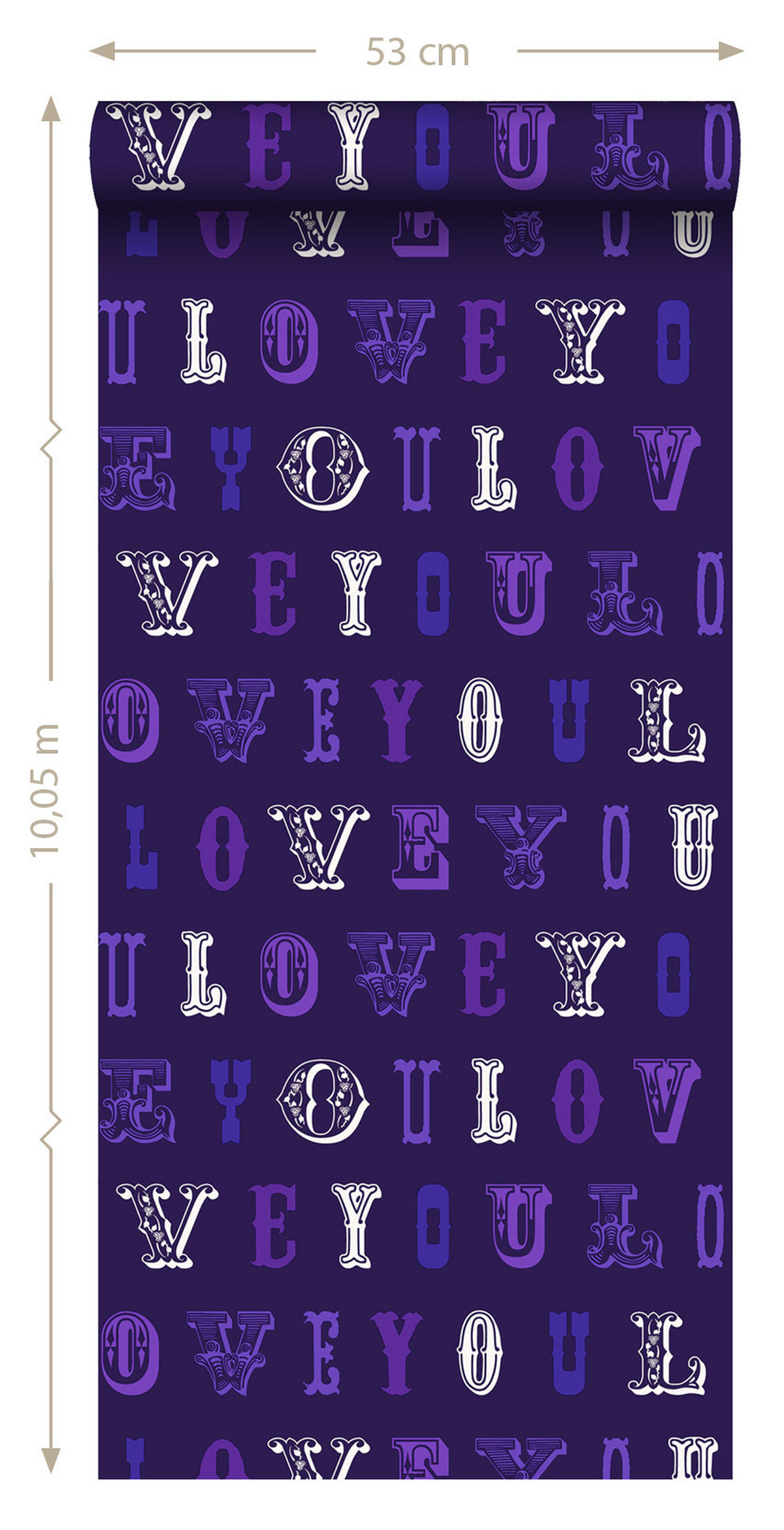 TAPETE love you - Sprüche 53 cm x 10.05 m - Lila, Papier (53/1000cm) - ESTAhome