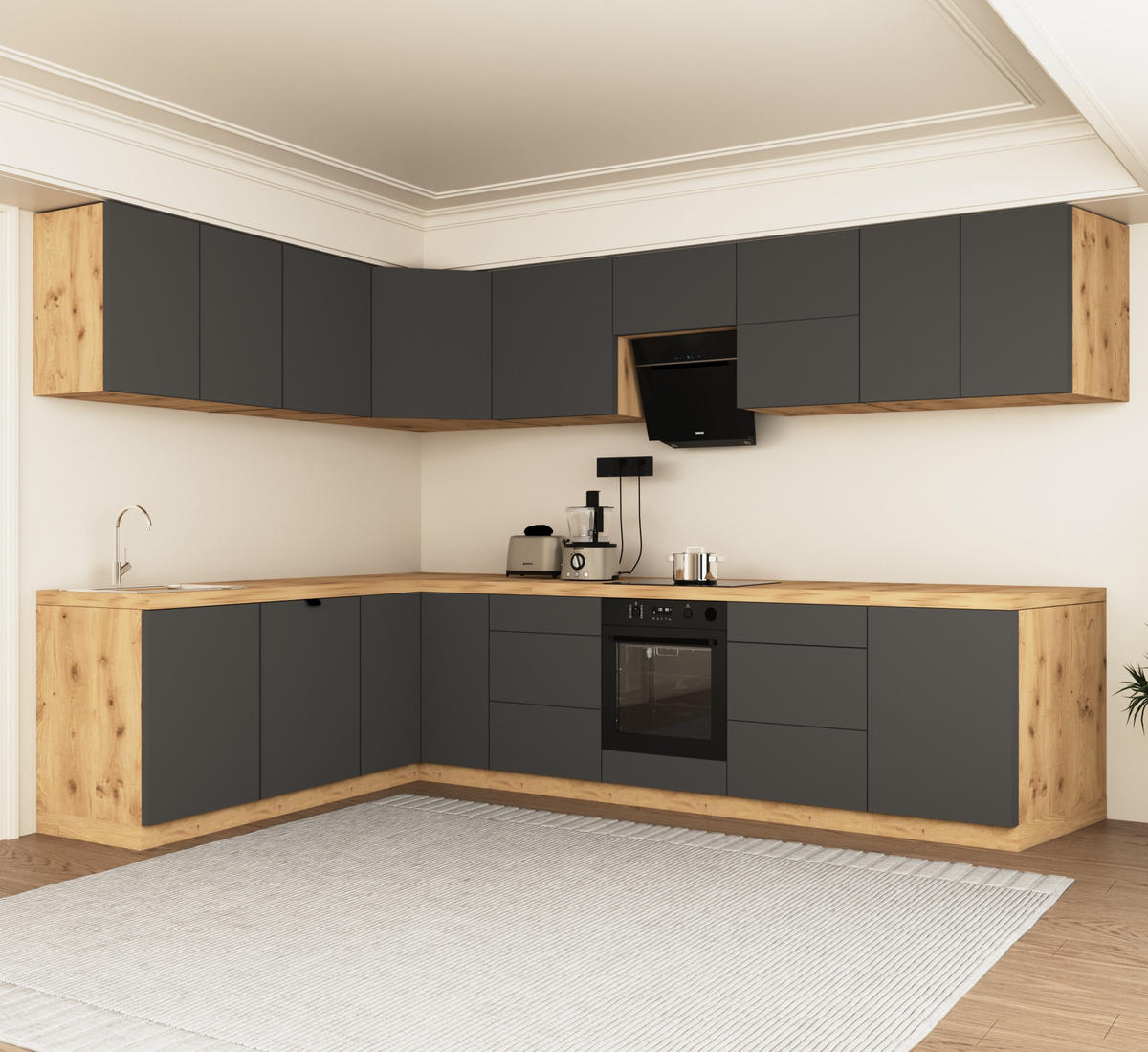 WINKELKÜCHE 320cm x 200cm- Langen KL15-M320 - in Grau/Matt - Grau, Holz (520/212/52cm)