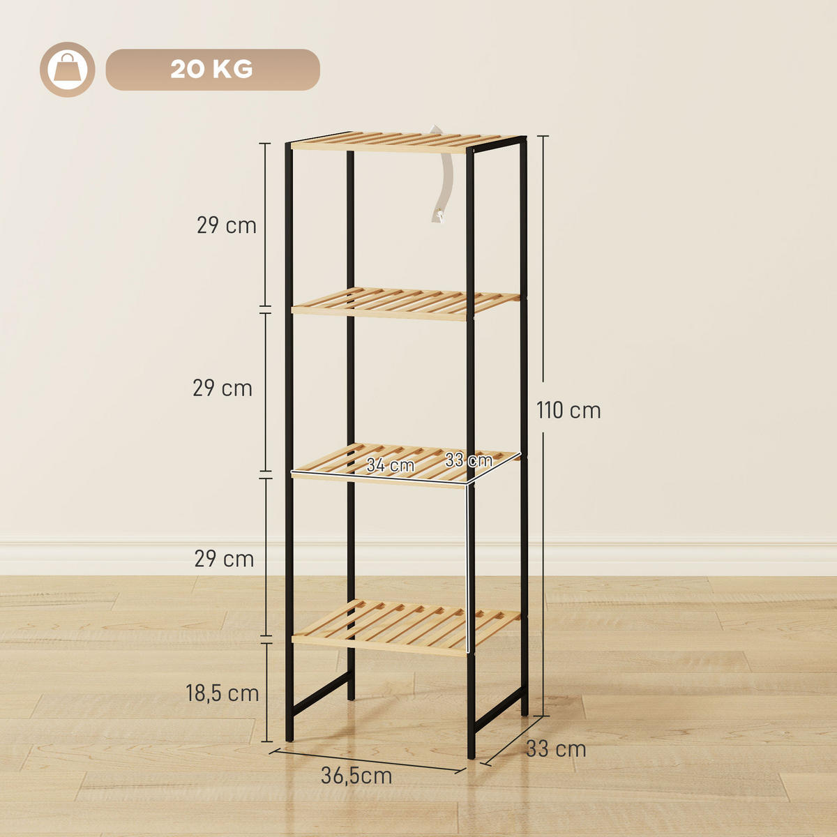 STANDREGAL mit 4 Ablagen aus Bambus und Stahl - Schwarz/Naturfarben, Metall (33/110/36.5cm) - HOMCOM