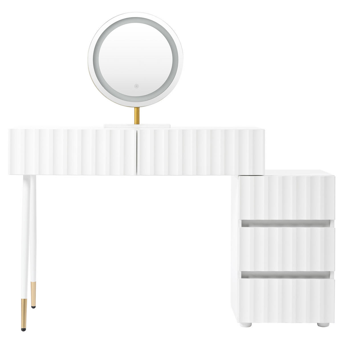 SCHMINKTISCH aus Holzwerkstoff 135x40x127 cm Weiß mit LED-Spiegel, 5 Schubladen und flexiblem Seitenschrank - Weiß, Holzwerkstoff (135/127/40cm) - Modfu