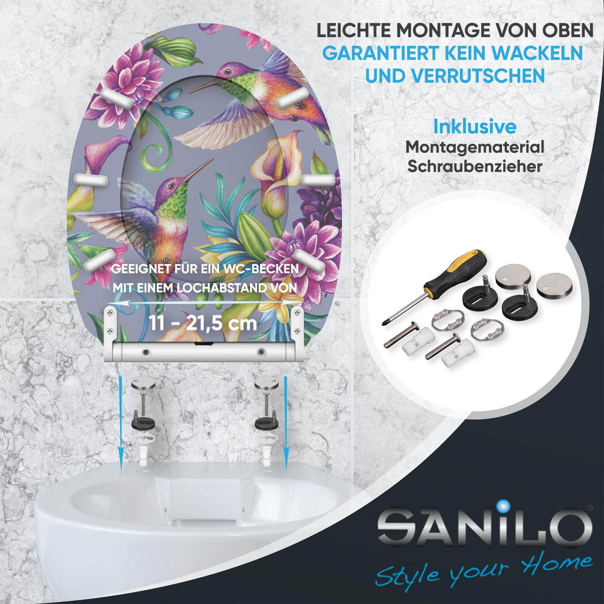 WC-SITZ mit Absenkautomatik & Top Fix Kolibri - Violett, Holzwerkstoff (37.7/5.5/48cm) - Sanilo