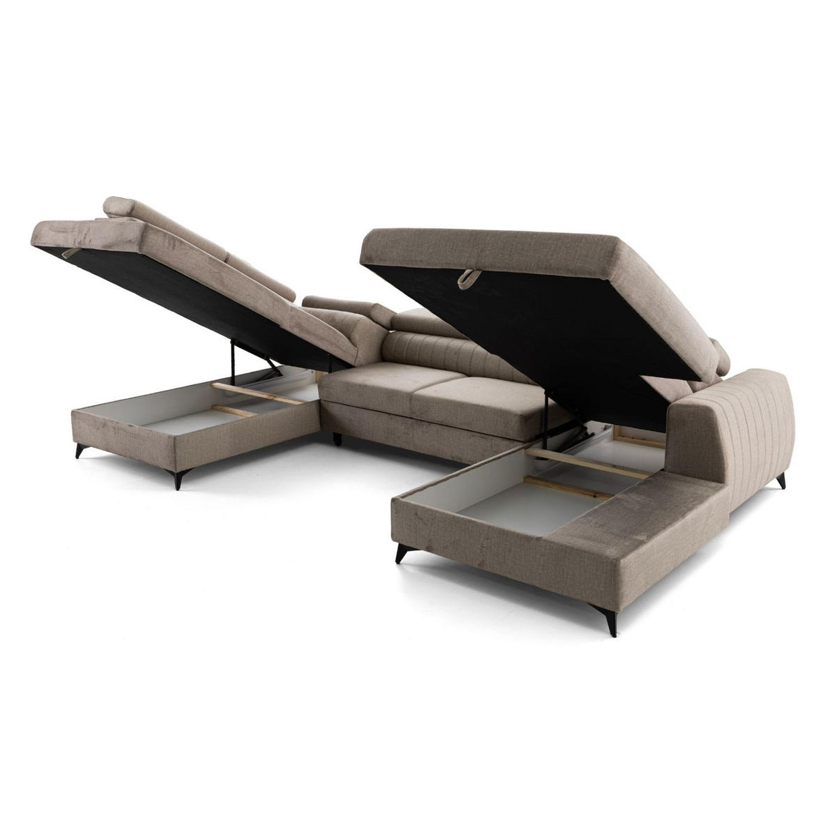 ECKSOFA U-Form PIERO U Links mit Schlaffunktion 125x260 Velours Beige - Beige/Schwarz, Holz/Textil (350/90/203cm) - Muffo