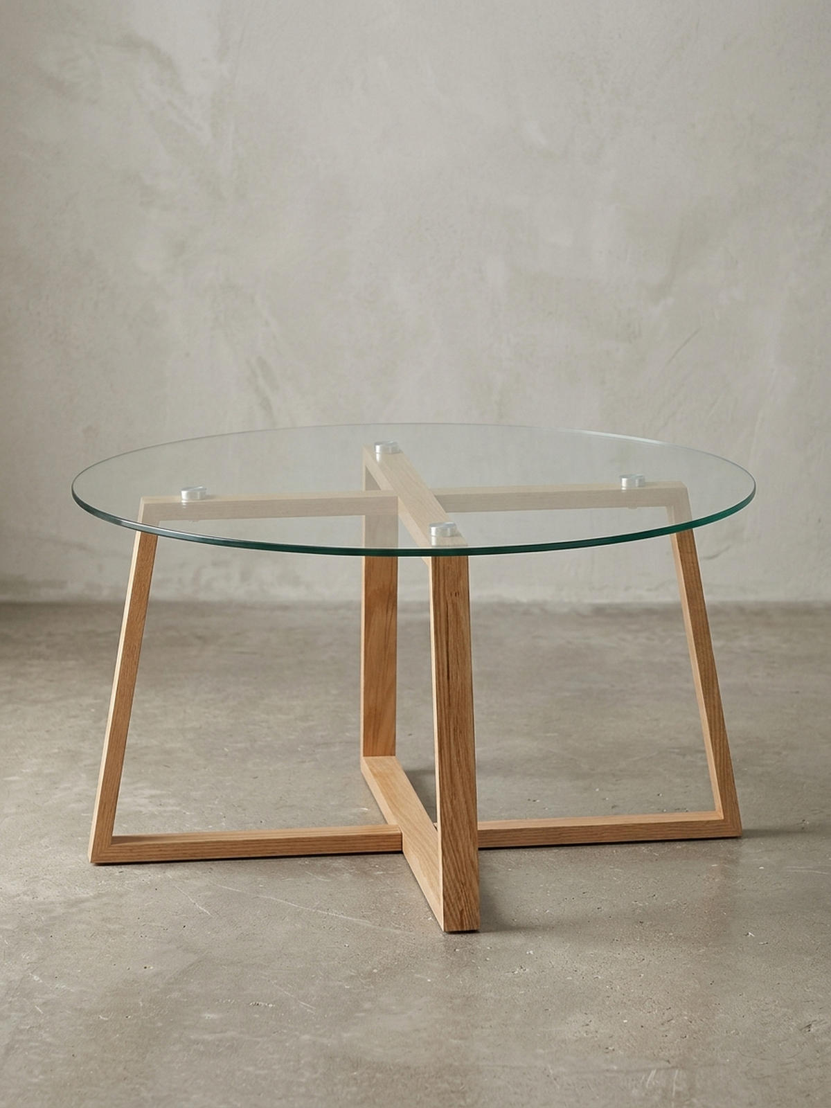 COUCHTISCH in Eiche mit transparenter Glasplatte und überkreuztem Gestell, modernes Design - Beige/Braun, Glas/Eichenholz (78/78/41cm) - KADIMA DESIGN