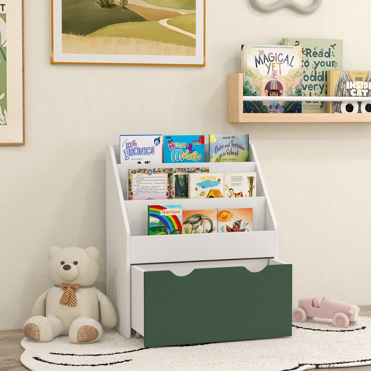 KINDERREGAL DE-17234 3 Ebenen & 1 Schublade Grün - Grün, Naturmaterialien (62.5/70/30cm) - ComfortXL