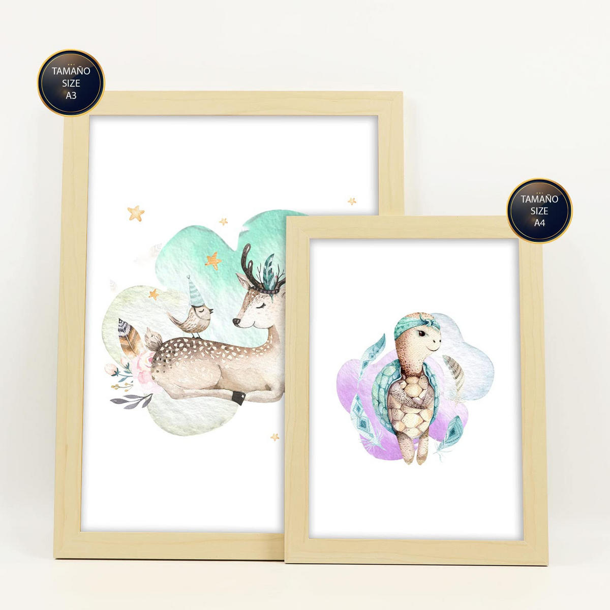 POSTER Set Mit 6 Tierfamilien Weißer Hintergrunddruck Mit Tierfamilienthemen Im Pastell Aquarell Stil Innenarchitektur A3 & A4 Rahmen Aus Hellem Holz - Beige, Papier (29/3cm) - Nacnic
