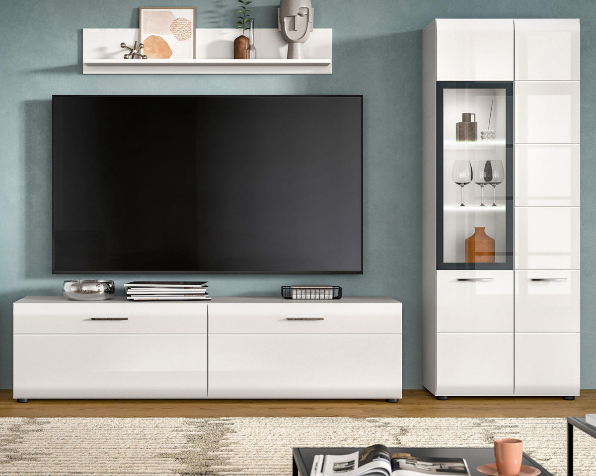 WOHNWAND weiß Hochglanz 3-teilig 235 cm, Schrankwand modernes Design - Weiß Hochglanz/Silberfarben, Glas/Holzwerkstoff (235/160/41cm) - Inn.Furn