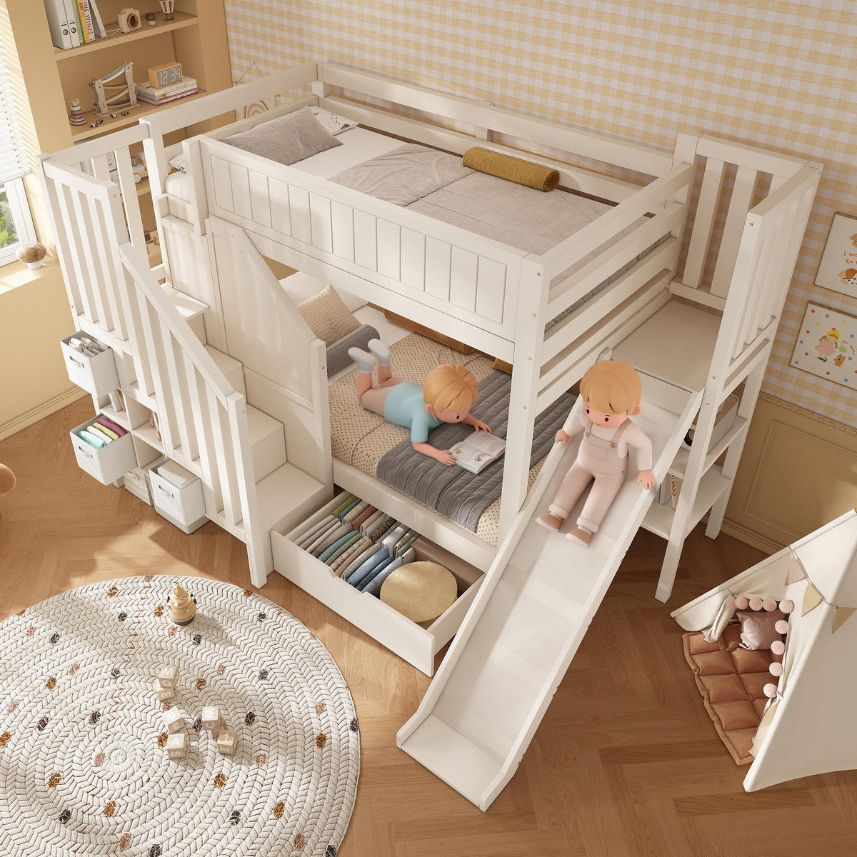 ETAGENBETT 90/200 cm & 90/200 cm in Weiß Kinderbett mit Rutsche, 3 Schubladen und Regal - Weiß, Holz/Holzwerkstoff (90/200cm) - STILVORA