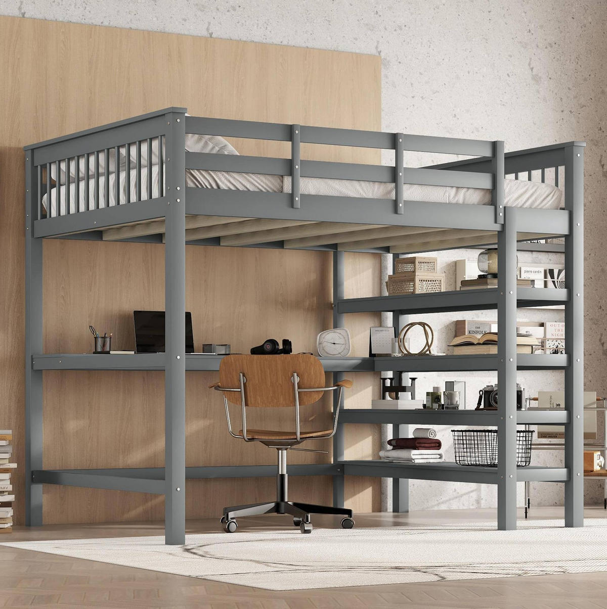 VISOKI krevet 140/200 cm s radnim stolom i policama, sigurnosnom ogradom i minimalističkim dizajnom, Siva - siva, drvni materijal (140/200cm) - Redom