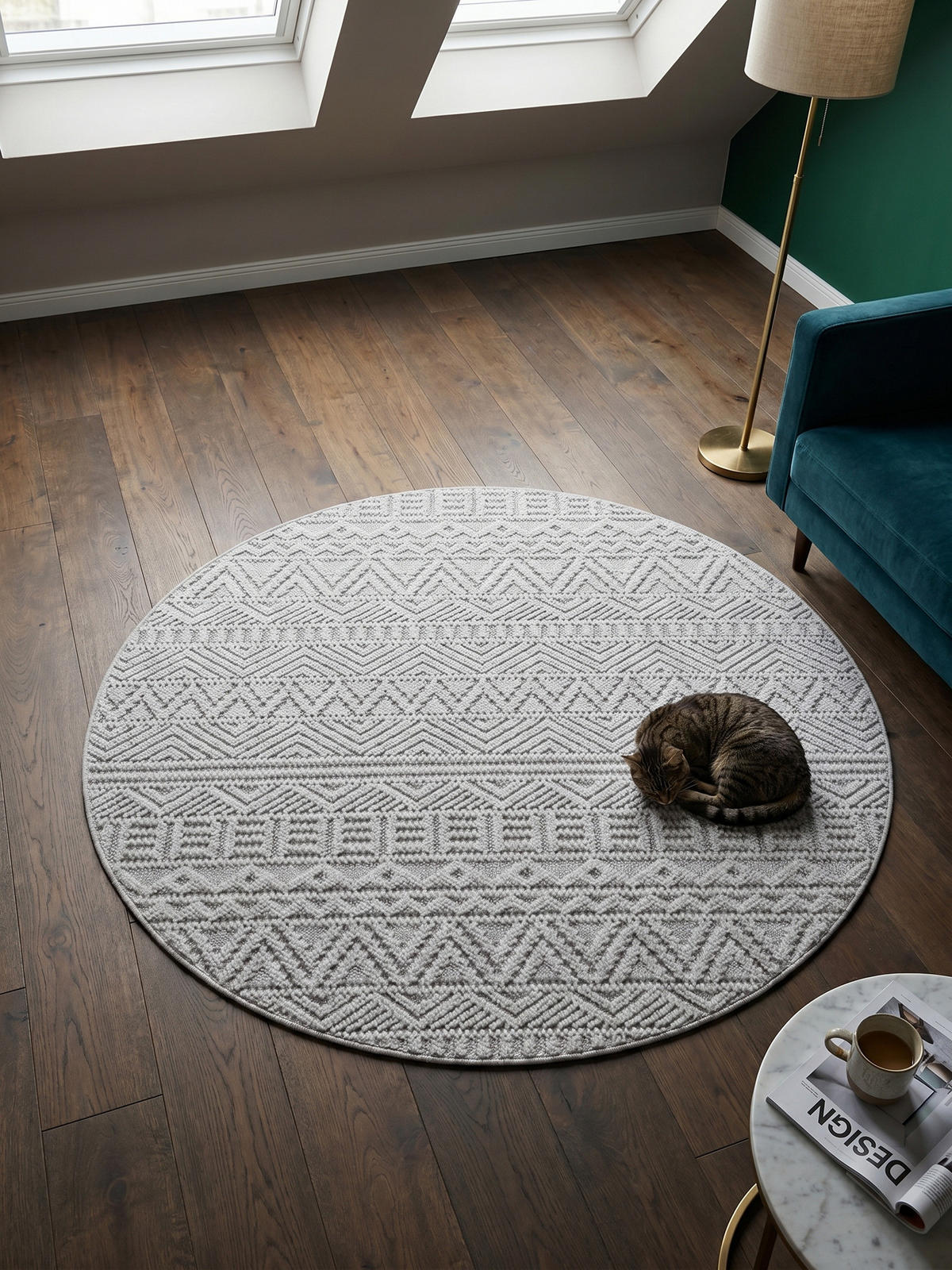 TEPPICH Flachgewebe LANGAU in Silber, mit Ethno-Streifen, Ø 200 cm - Silberfarben, Textil (200/200cm) - KADIMA DESIGN