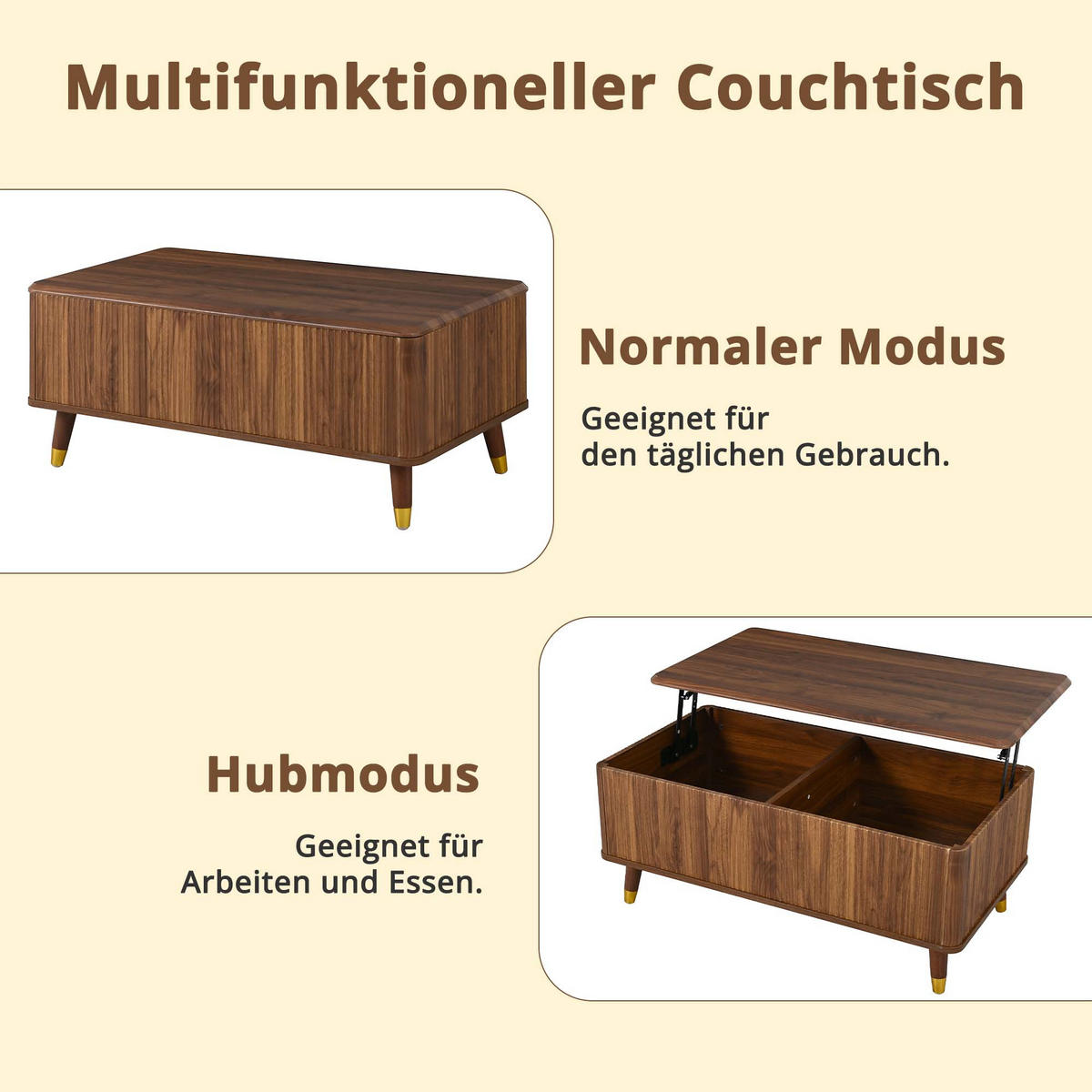 COUCHTISCH Retro Walnuss höhenverstellbar Wellen modern - Walnussfarben, Holzwerkstoff (97/52/56.5cm) - FLIEKS