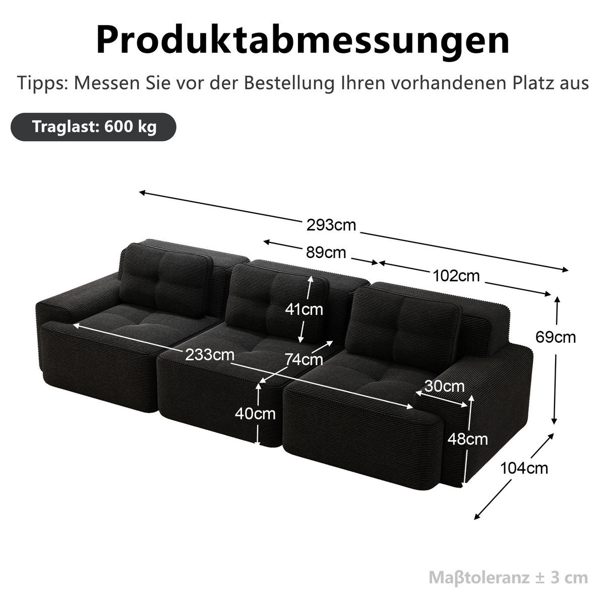 3-SITZER-SOFA DE-34113 modular rahmenlos mit Tiefsitz Schwarz - Schwarz, Textil (104/69/293cm) - ComfortXL