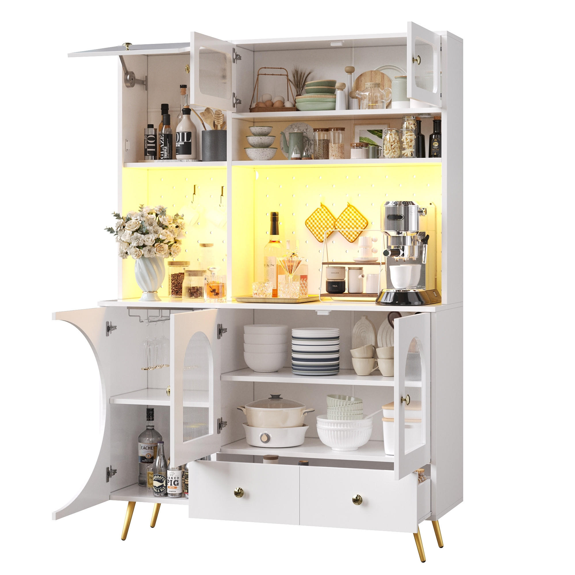 HIGHBOARD in Weiß Küchenschrank mit LED-Lichtleiste und Schubladen für Küche und Wohnzimmer, B120/T40/H176 cm - Goldfarben/Weiß, Glas/Holzwerkstoff (120/176/40cm) - STILVORA