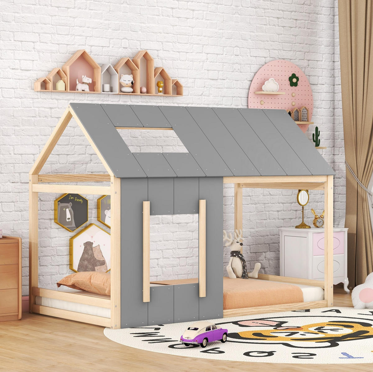 HAUSBETT 90/200 cm Natur/Grau aus Kiefernholz und MDF mit Haus-Design - Naturfarben, Holz (90/200cm) - OKMYHOME