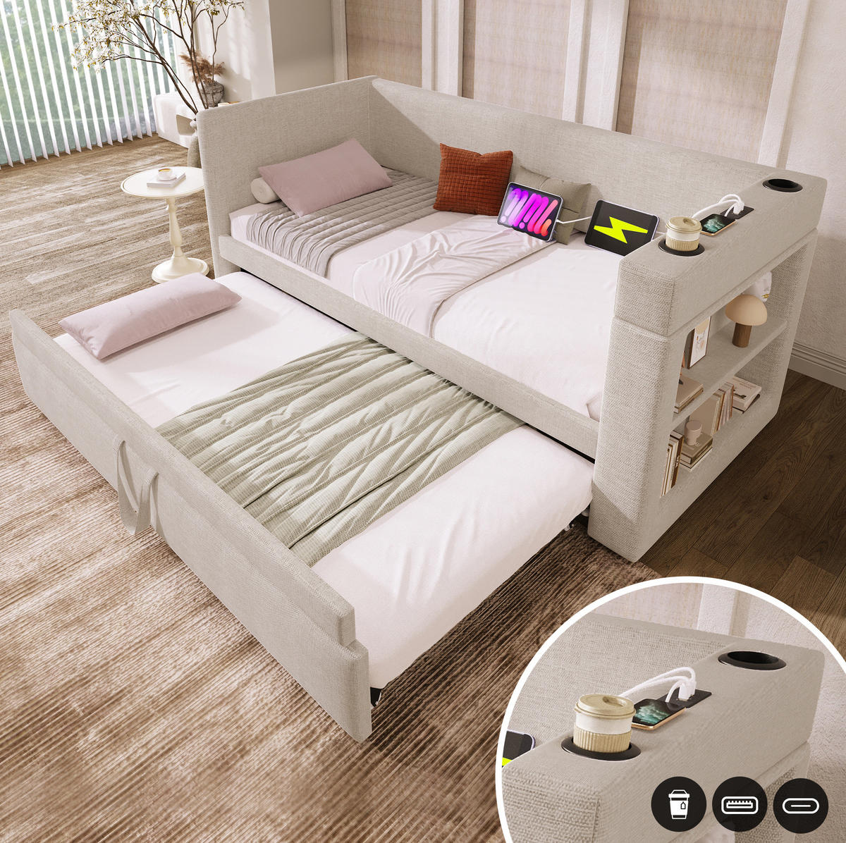 POLSTERBETT 90/180x190 cm Beige mit USB- und Type-C-Anschlüssen - Beige, Textil (90/190cm) - Flora Grace