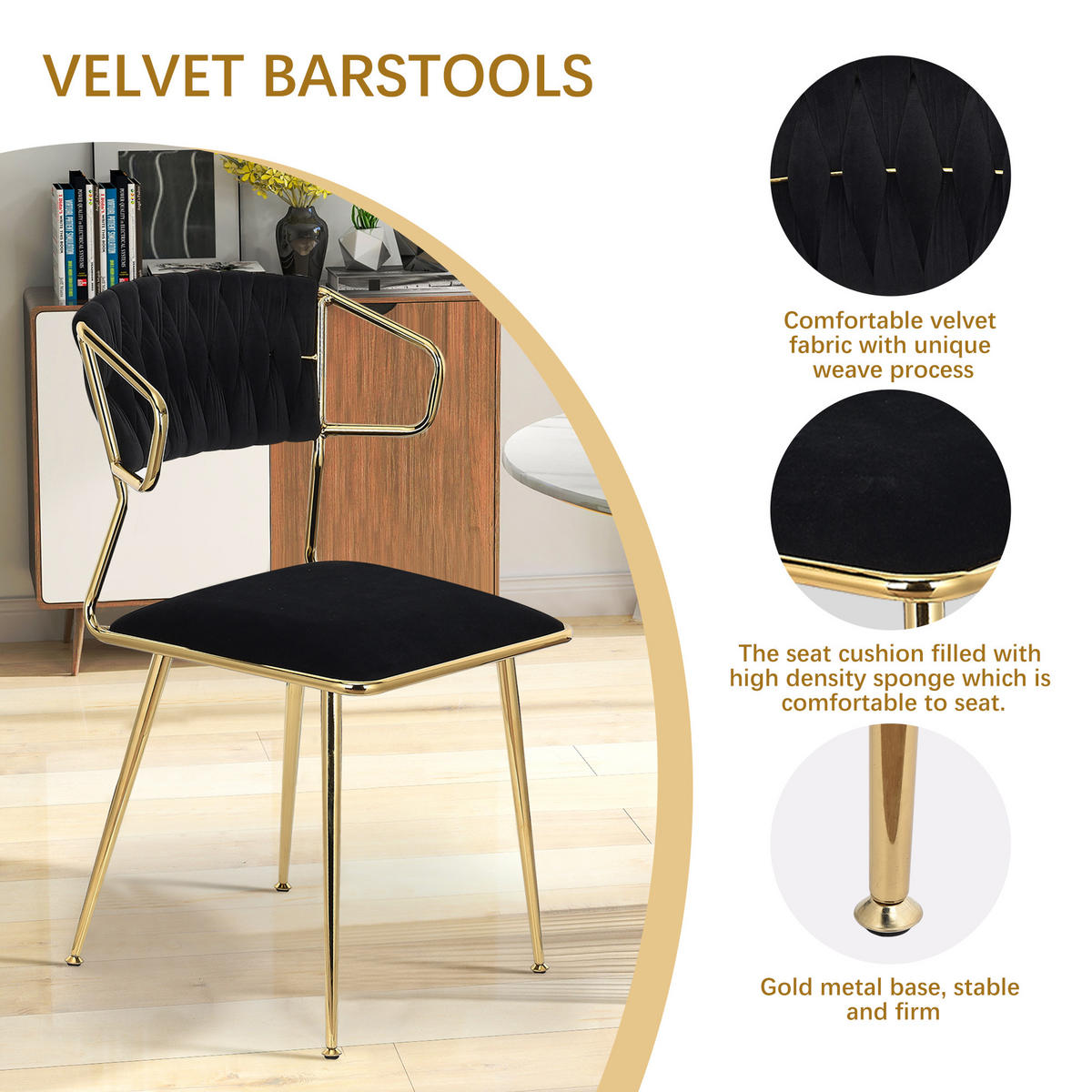 ESSZIMMERSTUHL 2er Set aus Samt - Schwarz, Metall (44.5/77/44.5cm)