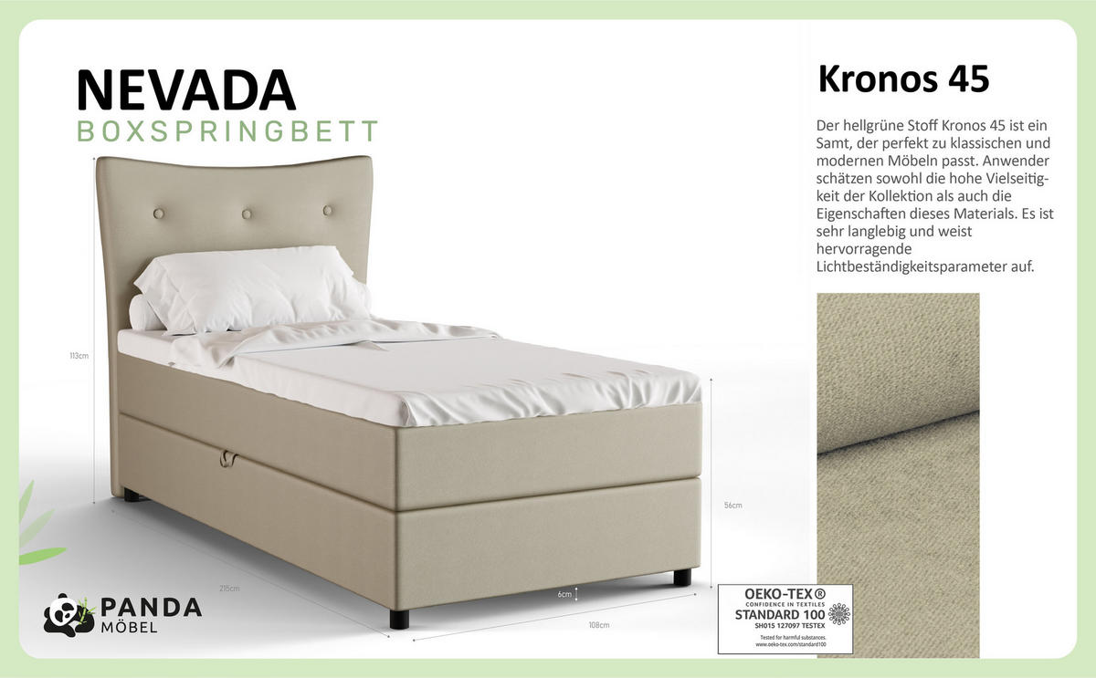 BOXBETT Nevada 100x200 cm Polsterbett mit hochwertiger Bonell-Matratze und Topper - ecru - Ecru, Holz (100/200cm) - Panda Möbel