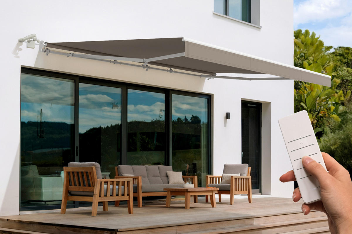 HALBKASSETTENMARKISE Fazzio Struktur weiß - leinwand Taupe 5x3m motorisierte - Premium-Leinwand 320g/m² - Taupe, Metall (495/218/300cm) - Cazeboo