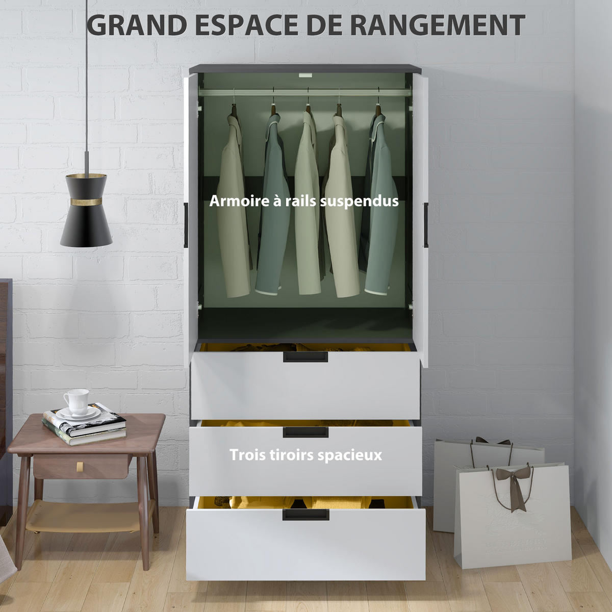 KLEIDERSCHRANK DE-17198 3 Schubladen & Soft-Close-Türen Grau - Grau, Holzwerkstoff (50/180/80cm) - ComfortXL