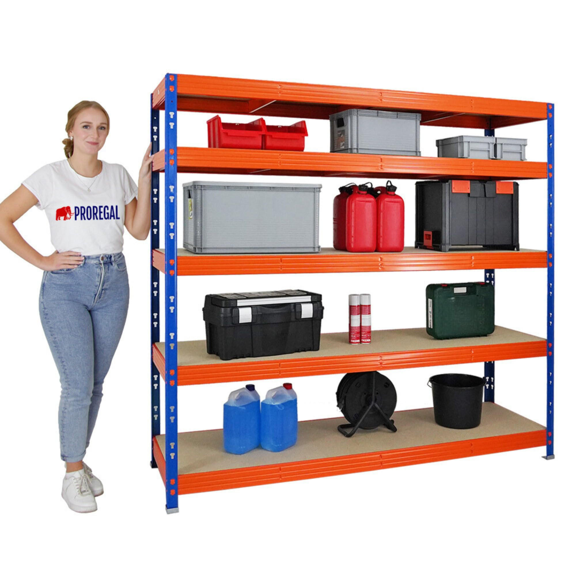SCHWERLASTREGAL Rhino 180x200x60 cm 5 Spanplatten-Ebenen 8mm Fachlast 500 kg Blau/Orange - Blau/Orange, Metall (200/180/60cm) - PROREGAL