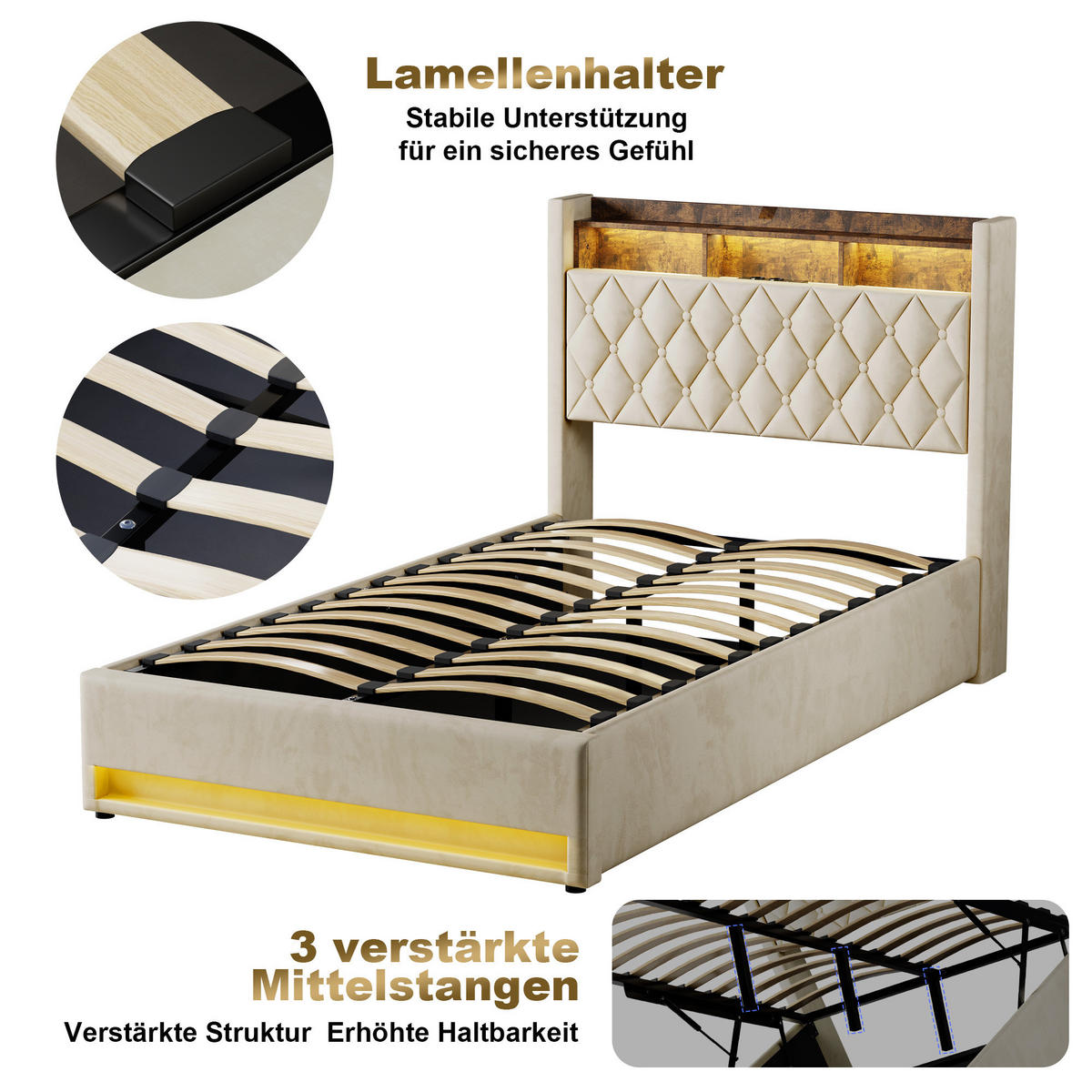 POLSTERBETT 140/200 cm in Beige Samt mit Bettkasten, LED-Beleuchtung und USB-Anschluss - Beige, Holzwerkstoff/Textil (140/200cm) - CHICFURN