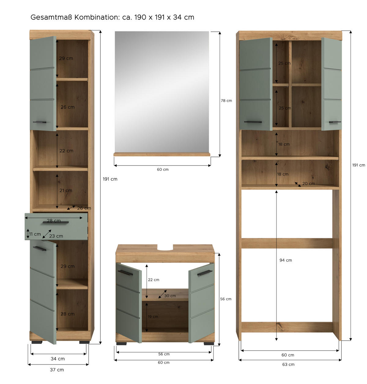 BADMÖBEL-SET Salbei grün, Eiche Artisan 4-teilig 190 cm, Komplettset mit viel Stauraum - Salbeigrün/Schwarz, Glas/Holzwerkstoff (190/191/34cm) - Inn.Furn