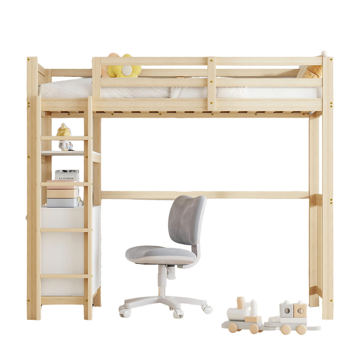 HOCHBETT 90/200 cm mit vertikaler Sicherheitsleiter und Schubladen mit Matratze - Naturfarben, Holzwerkstoff (90/200cm) - OKWISH