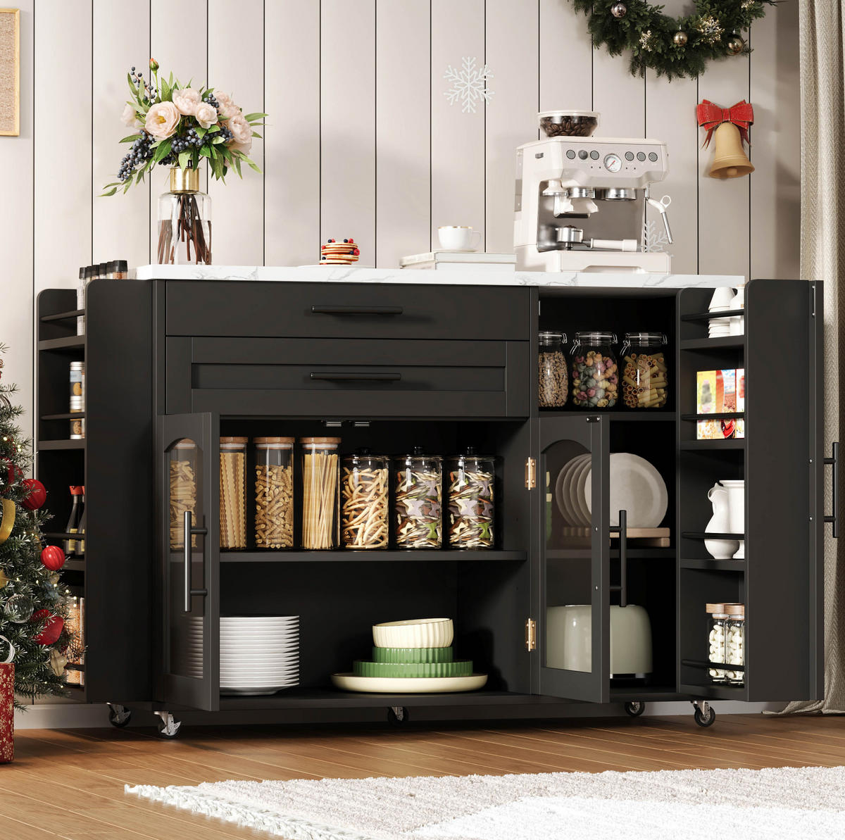 KÜCHENWAGEN 120/45-70/90 cm in Schwarz mit klappbarer Arbeitsfläche und Glastüren - Schwarz, Holzwerkstoff (138/90/70cm) - Flora Grace