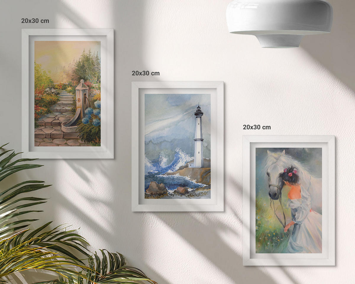 BILDER SET 3er Set - 20x30 cm Weißer Rahmen - Landschaft Leuchtturm Pferd Mädchen - Weiß, Kunststoff (20/30cm) - TULUP