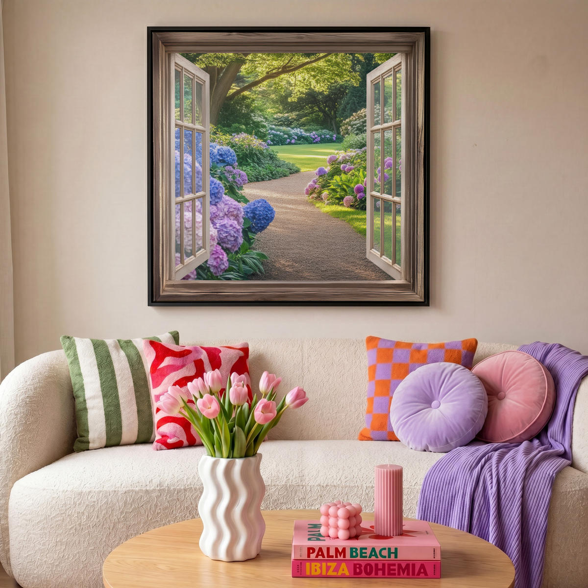 LEINWAND Bilder mit Rahmen - Aussicht - Garten - Fenster - Hortensie - Blumen - 90x90 - Pastellblau, Textil (90/90cm) - MuchoWow