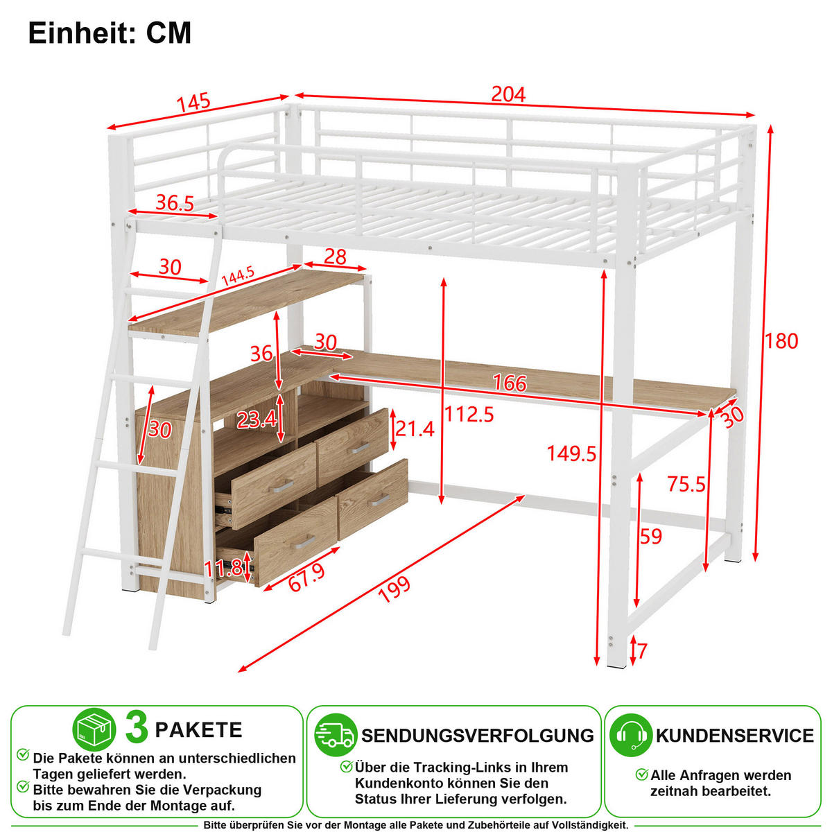 VYVÝŠENÁ POSTEL 140/200 cm v bílé barvě se zásuvkami a psacím stolem - bílá, kov (140/200cm) - CHICFURN