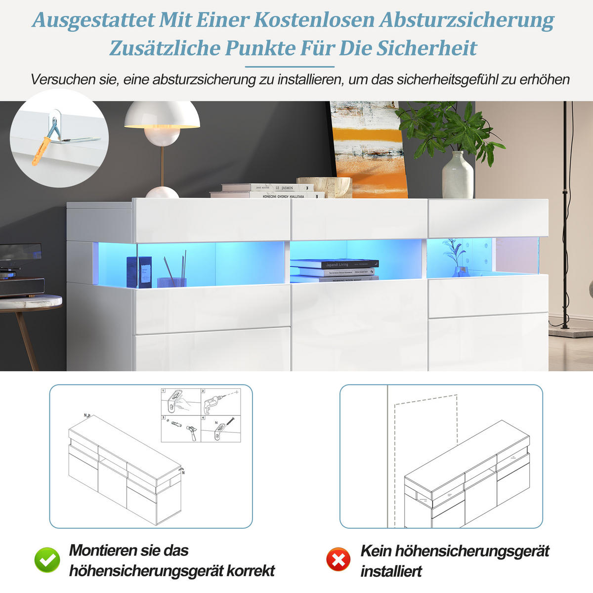 SIDEBOARD 140cm Hochglanz LED 3 Türen 7 Fächer Weiß modern - Weiß, Holzwerkstoff (40.5/66.5/140cm) - FLIEKS
