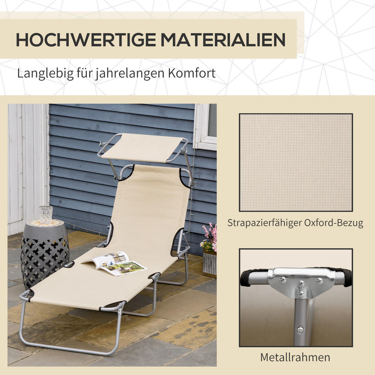 KLAPPBARE Sonnenliege mit Sonnendach und 4-fach verstellbarer Rückenlehne, wetterfeste Campingliege bis 120 kg, Beige - Beige, Metall (187/36/58cm)