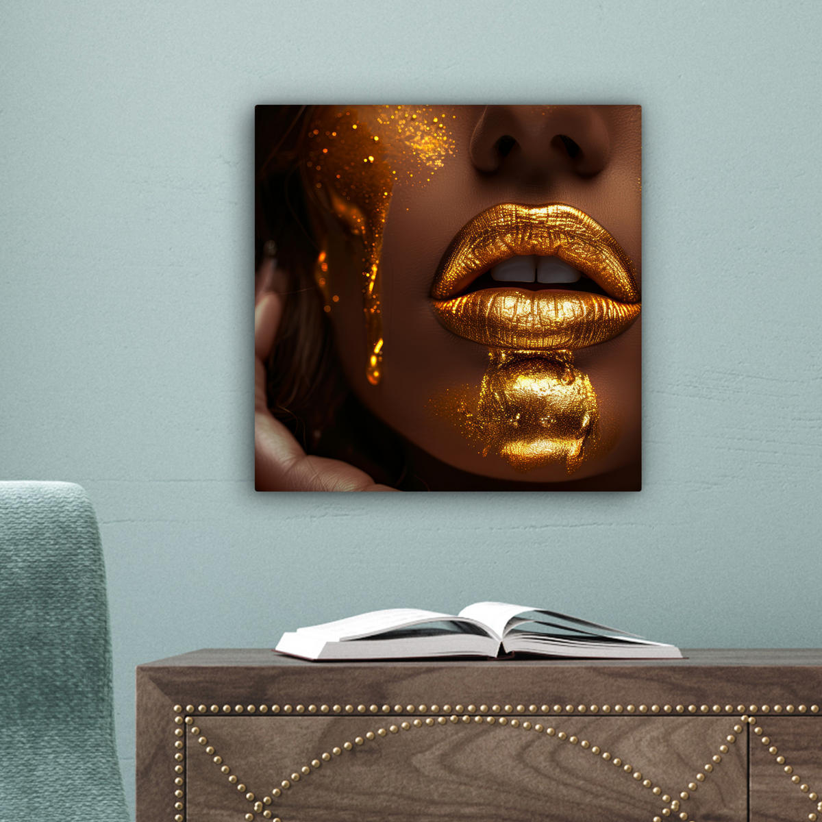 LEINWANDBILD Frau - Gold - Luxus - Porträt Deko Wohnzimmer 20x20 cm - Goldfarben, Textil (20/20cm) - MuchoWow