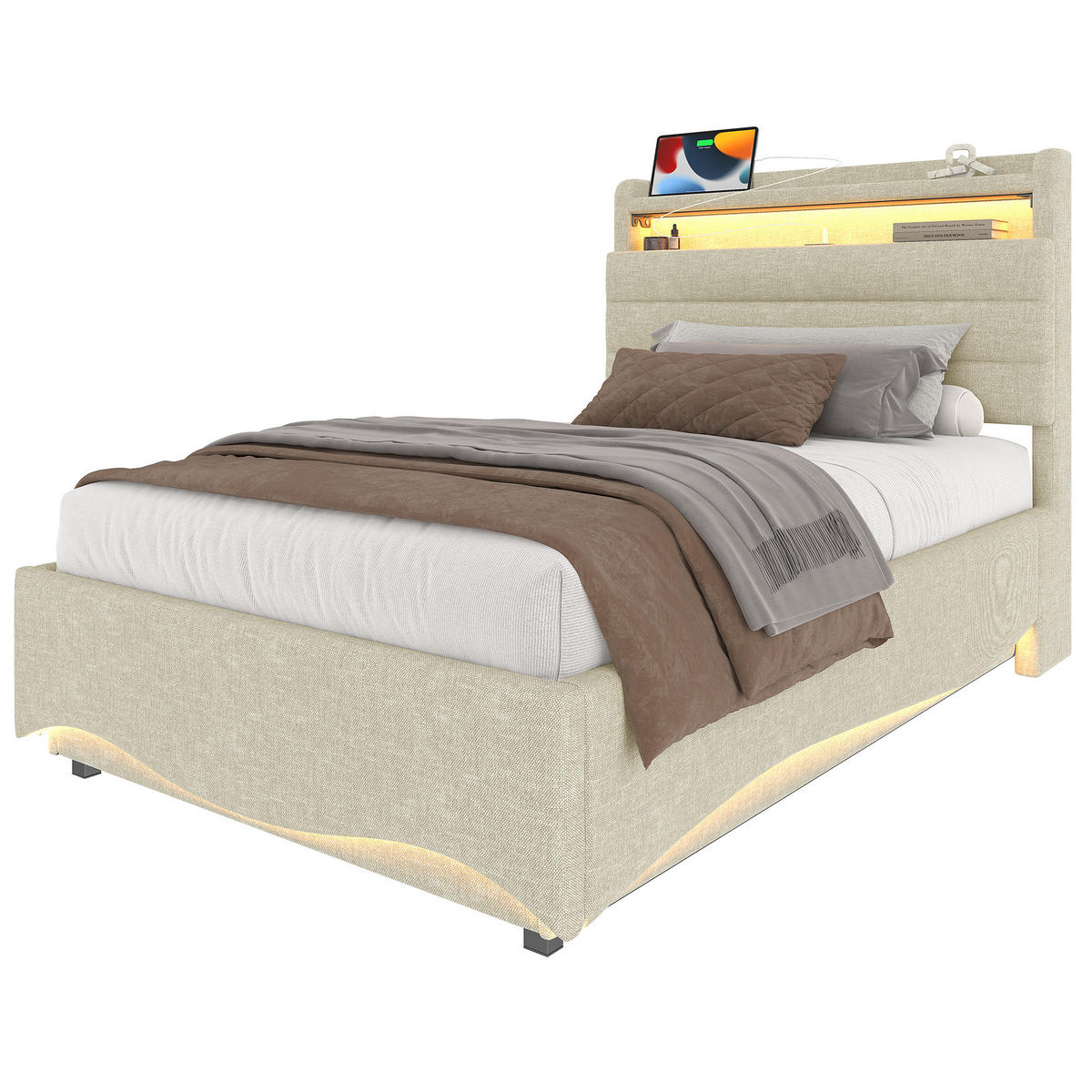 POLSTERBETT aus Leinen 90x200 cm Beige mit LED-Beleuchtung, USB- und Typ-C-Anschluss sowie hydraulischem Stauraum - Beige, Textil (90/200cm) - Modfu