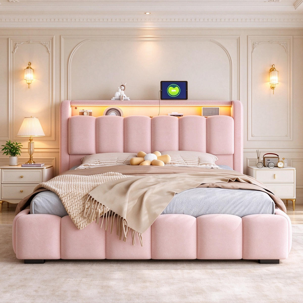 POLSTERBETT 180/200 mit LED/USB, Kopfteil Stauraum, Samt, Rosa - Rosa, Holz (180/200cm) - LVHOM