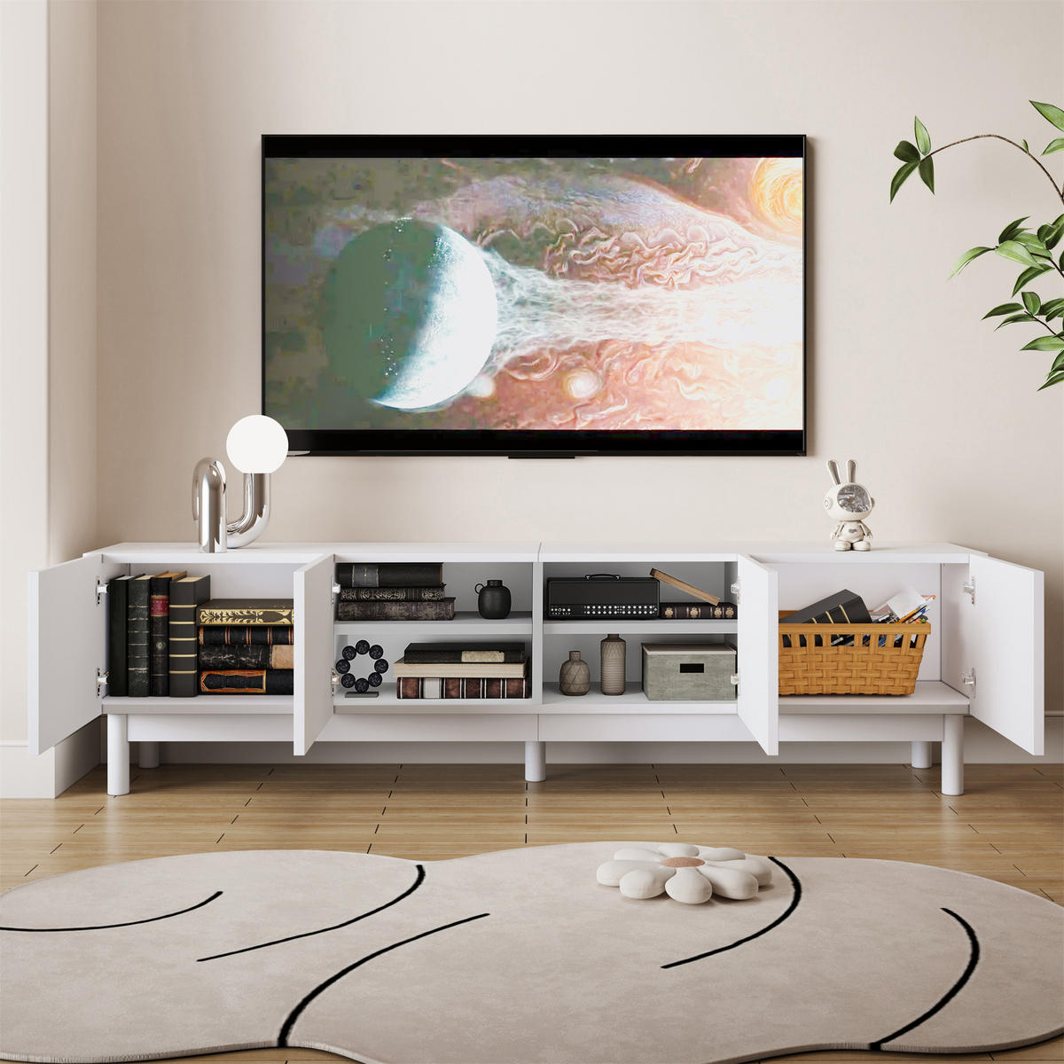 TV-ELEMENT169X34X45,5CM SchwarzWeiß Grifflos mit 4 Wellenförmigen Türen - Weiß, Holz (43.18/23.62/98.43cm) - Raelunyi
