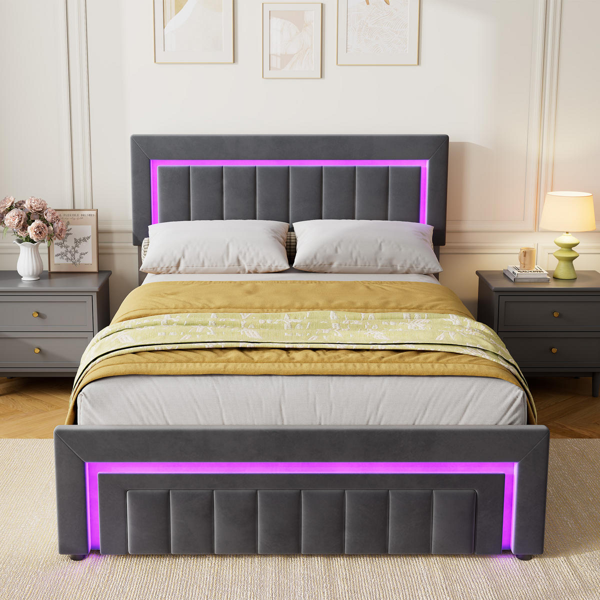 POLSTERBETT 140x190 Doppelbett mit Schubladen,mit LED Beleuchtung und Stauraum,Grau - Grau, Holzwerkstoff/Textil (140/190cm) - EVRYAE